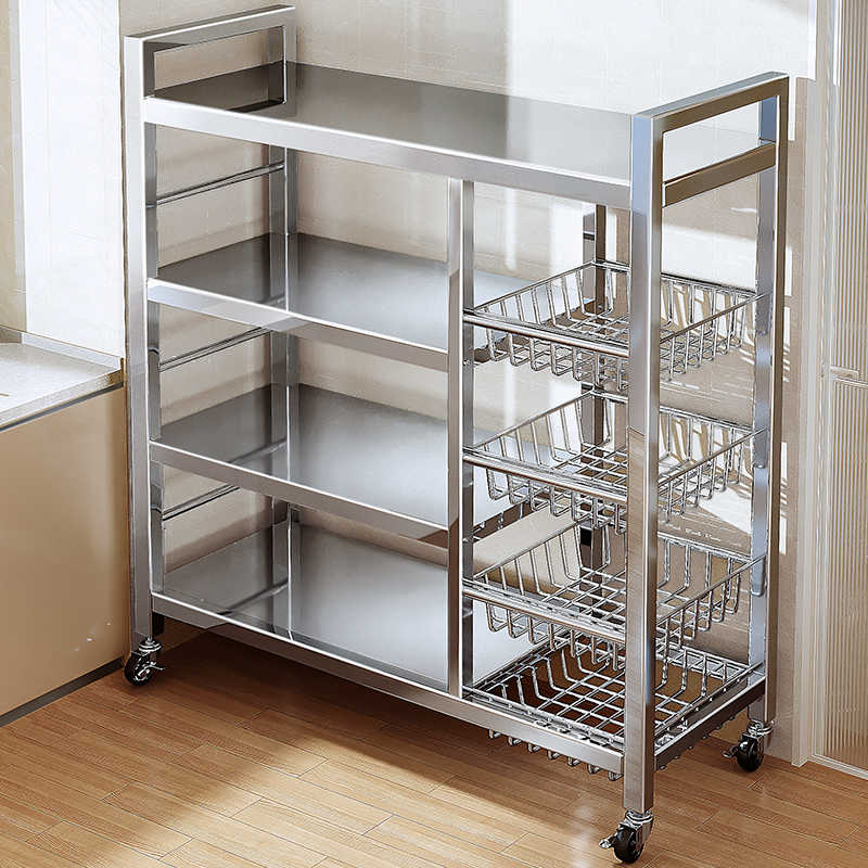 不锈钢厨房置物架菜篮子落地多层多功能微波炉锅具收纳架零食