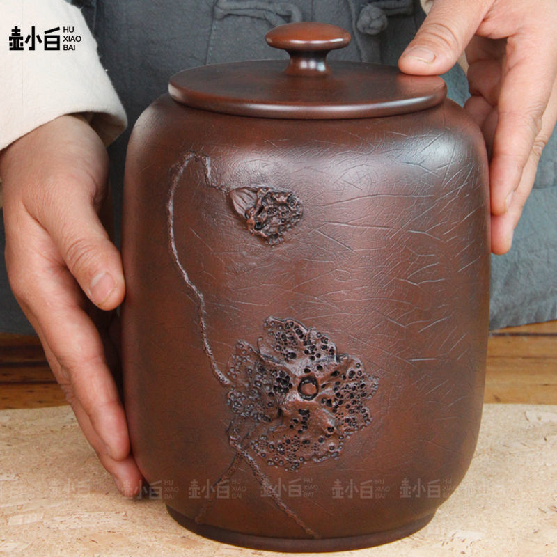 云南建水紫陶茶叶罐 普洱茶醒茶罐菩提纹堆塑莲子小号纯手工防潮