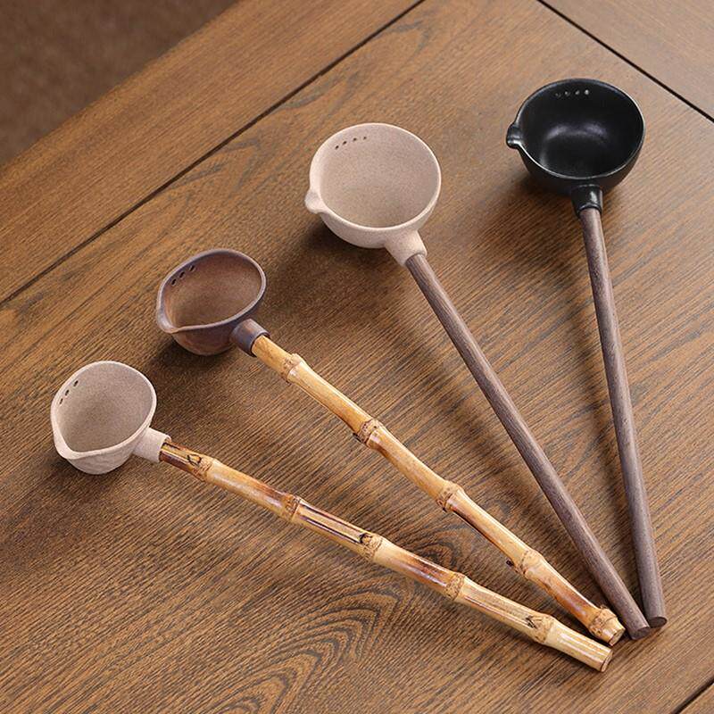 分茶勺防烫分茶器麦饭石陶瓷黑檀木柄勺子茶匙功夫茶具长柄竹