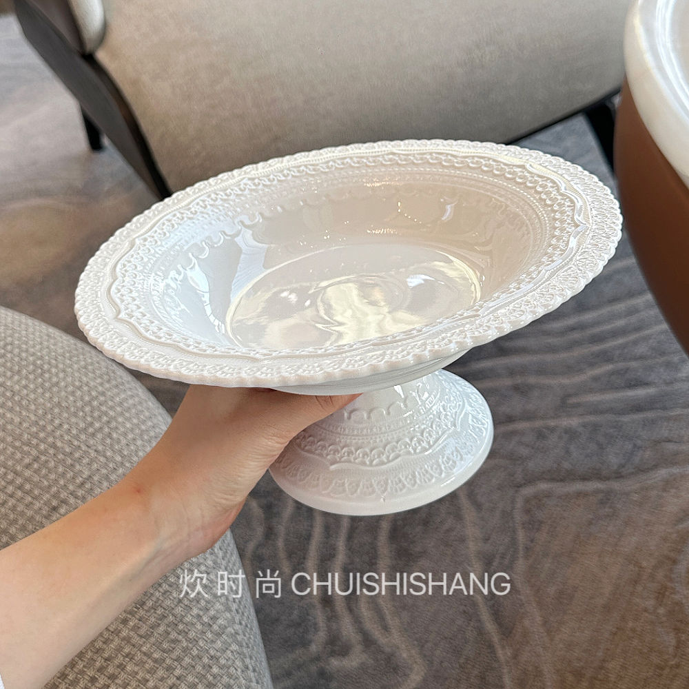 外贸餐具【高级高脚果盘】法式浮雕托盘陶瓷果盘果篮摆件拍照