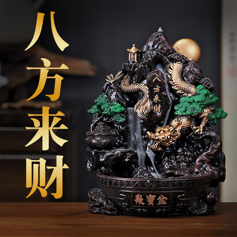 八方来财聚宝盆摆件倒流香炉檀香流云香炉倒流香粒炉树脂复古