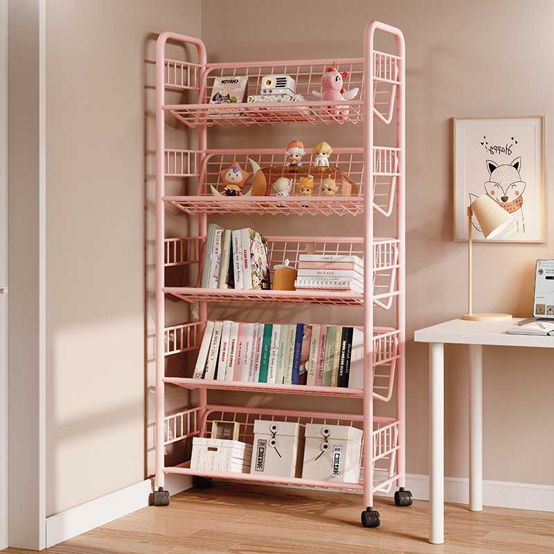 书架铁艺绘本架收纳架一体家用简易书柜可移动置物架落地