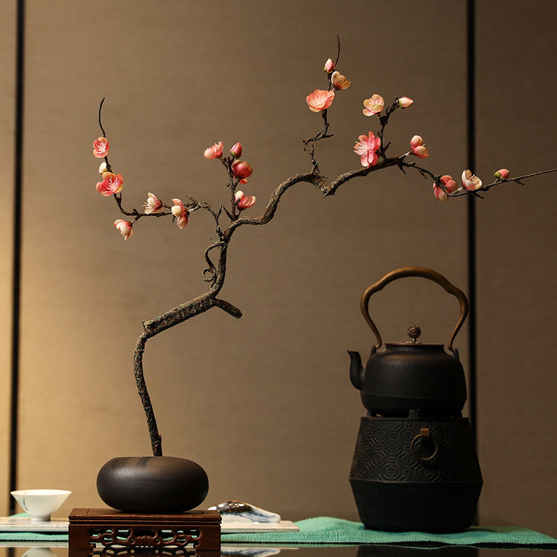 禅意风仿真梅花枝腊梅假花朵摆件绢花束客厅茶几桌面花艺装饰