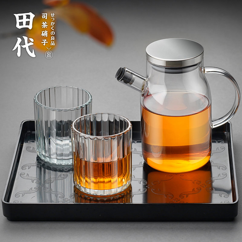 玻璃冷水壶小号家用耐热可冷藏水壶玻璃竖纹凉水杯托盘套装凉水壶