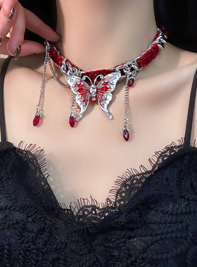 红色丝绒蝴蝶流苏项圈女秋冬配饰项链颈链choker蛇年本命新年礼物