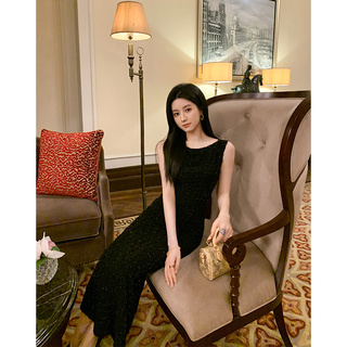 ADA MISS夏新款亮丝流苏华夫格无袖修身包臀背心连衣裙长裙女