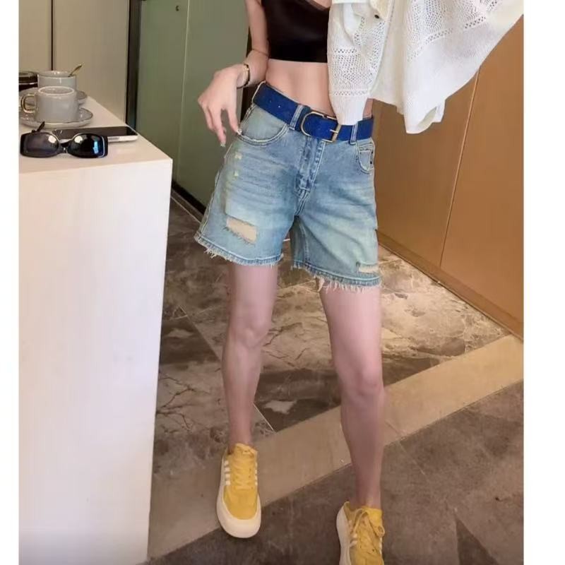 2025夏季薄款破洞高腰显瘦牛仔短裤女2025新款时尚百搭宽松直筒裤