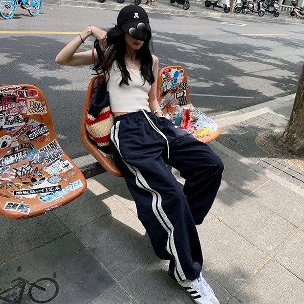 美式复古侧边条纹休闲裤女夏季直筒卫裤宽松显瘦阔腿运动速干裤子