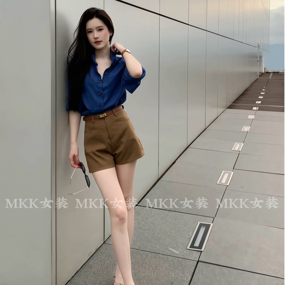 美式复古卡其色西装短裤女夏季薄款小个子高腰显瘦辣妹休闲短裤子
