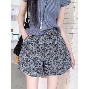 女高腰百搭慵懒印花宽松休闲裤 腰果花短裤 五分裤 2025夏季 子 新款