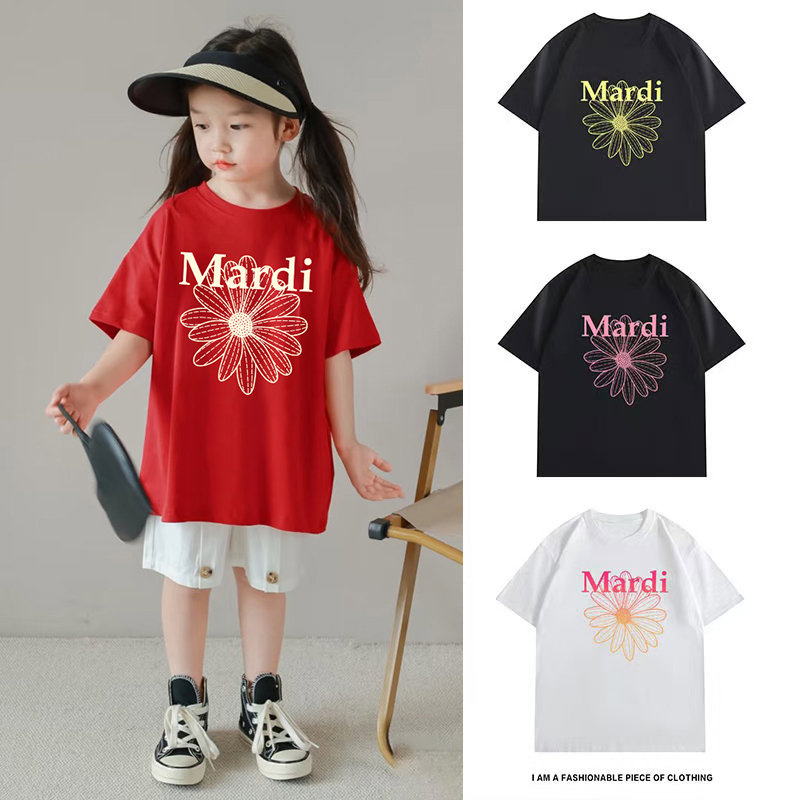 韩国潮Mardi同款小雏菊太阳花腊肠狗印花男女童装圆领夏短袖