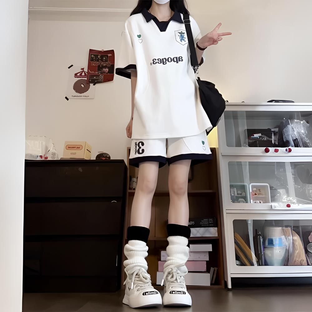 夏季学院风polo领短袖短裤休闲两件套装女初高中学生宽松运动衣服