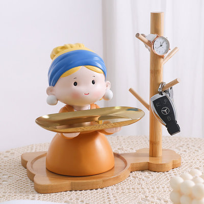 戴珍珠耳环少女托盘摆件客厅玄关钥匙托盘收纳家居装饰乔迁礼物