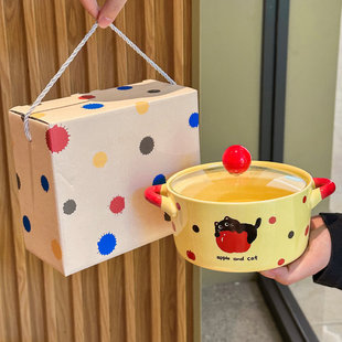 生日礼物可爱苹果猫咪陶瓷泡面碗带盖双耳家用汤碗女生伴手礼
