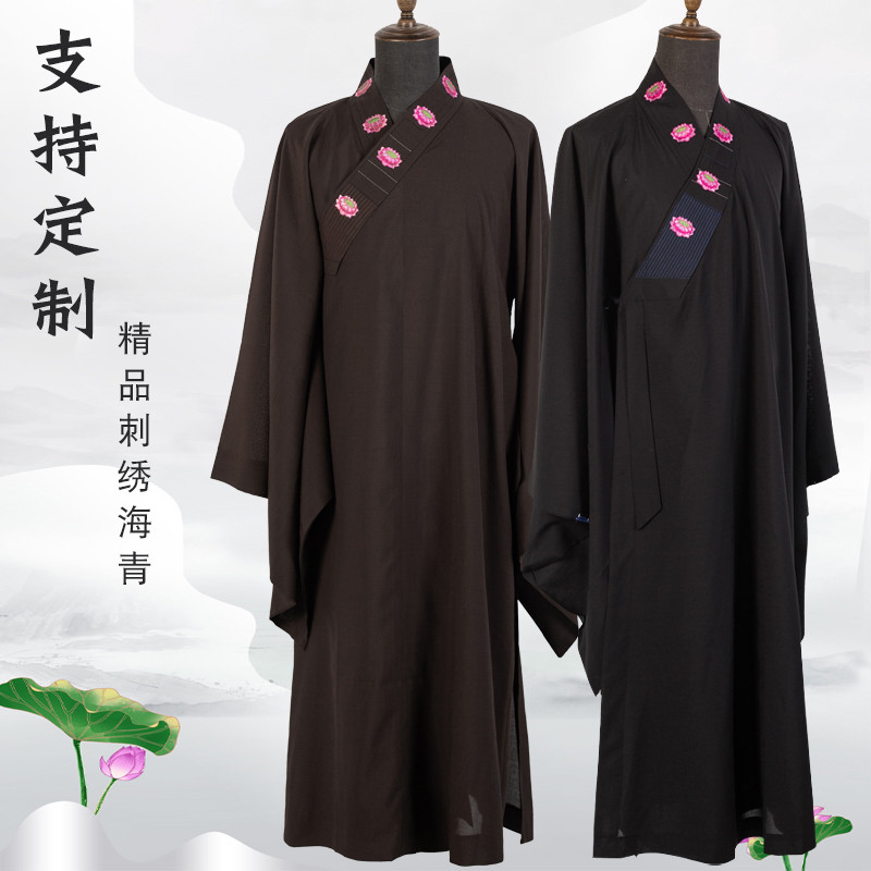 高端刺绣莲花海青居士服女禅修服女拜佛进庙海清定制僧衣服四季款