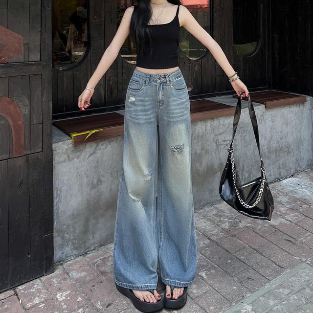小个子辣妹美式破洞直筒牛仔裤女薄款2025夏季高腰显瘦窄版阔腿裤