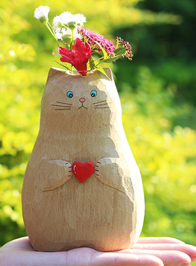 猫咪花瓶木雕原木风小摆件日系手作创意招财猫办公摆件结婚礼物