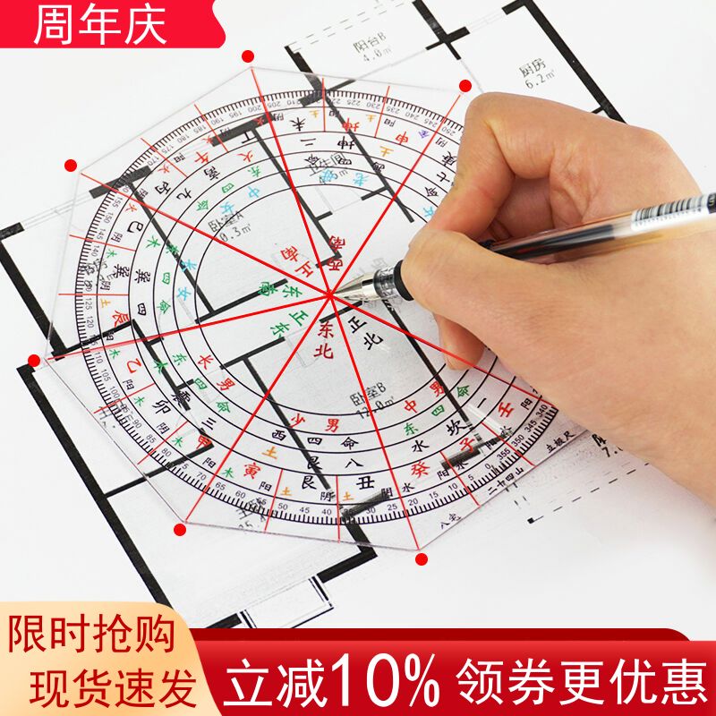 八宅二十四山立极尺高精度透明罗盘测量绘图尺24山户型布局立