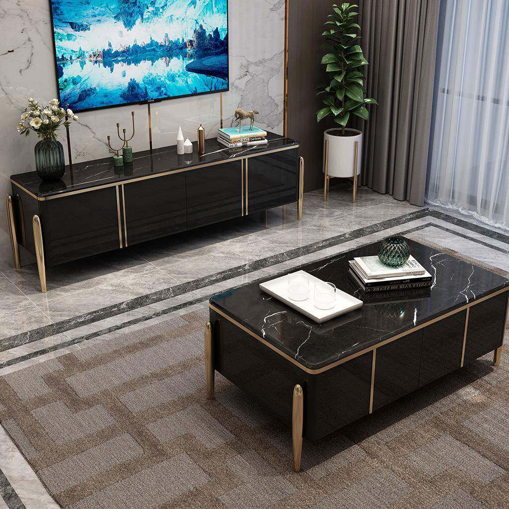 478轻奢大理石茶几电视柜组正合长方形简现代客厅不约钢玻璃锈茶