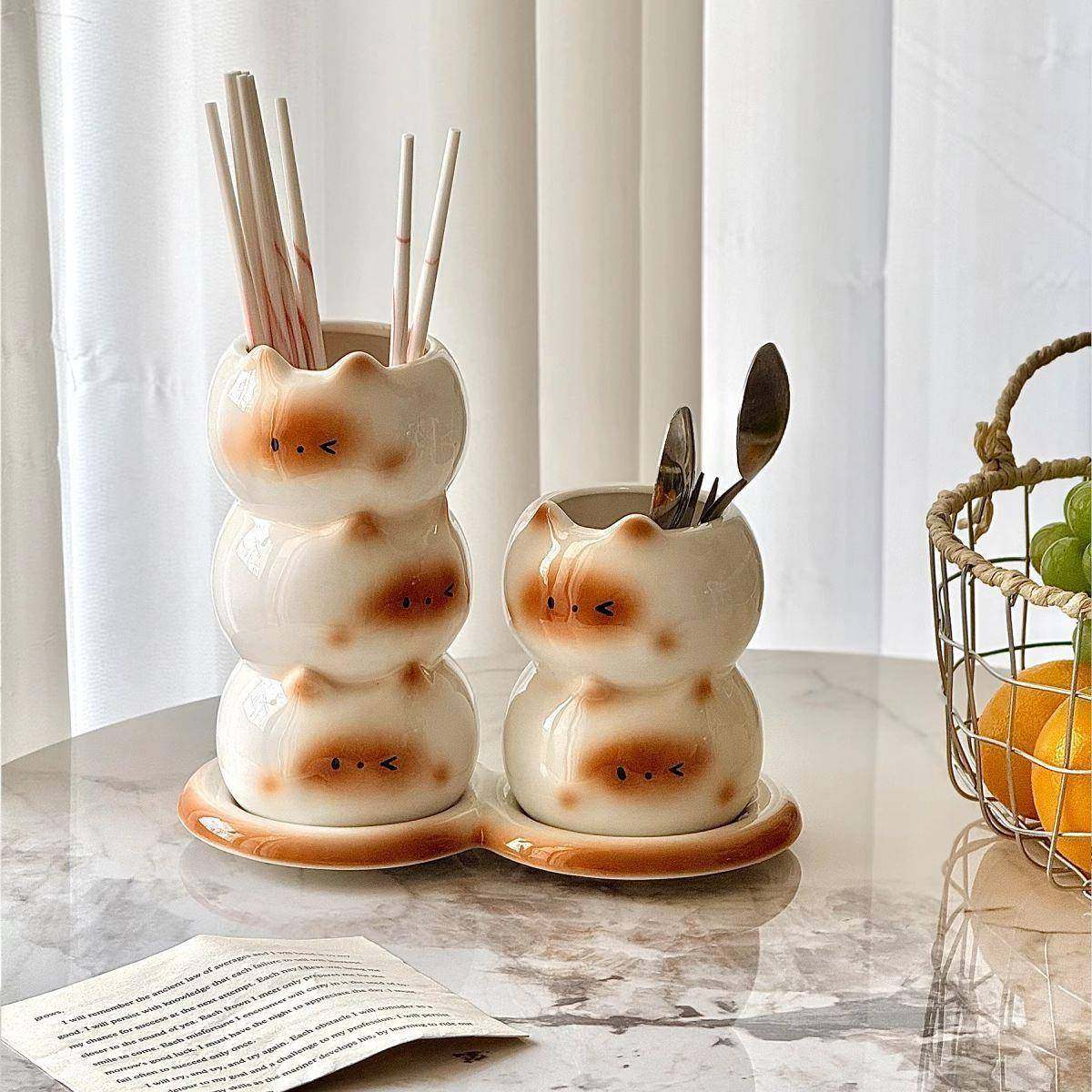 可爱暹罗猫陶瓷筷值子筒家用HQM厨房台面沥水收纳高颜筒筷勺纳收,餐饮具,筷子盒,淘宝优惠券,粉丝福利购,淘宝优惠卷