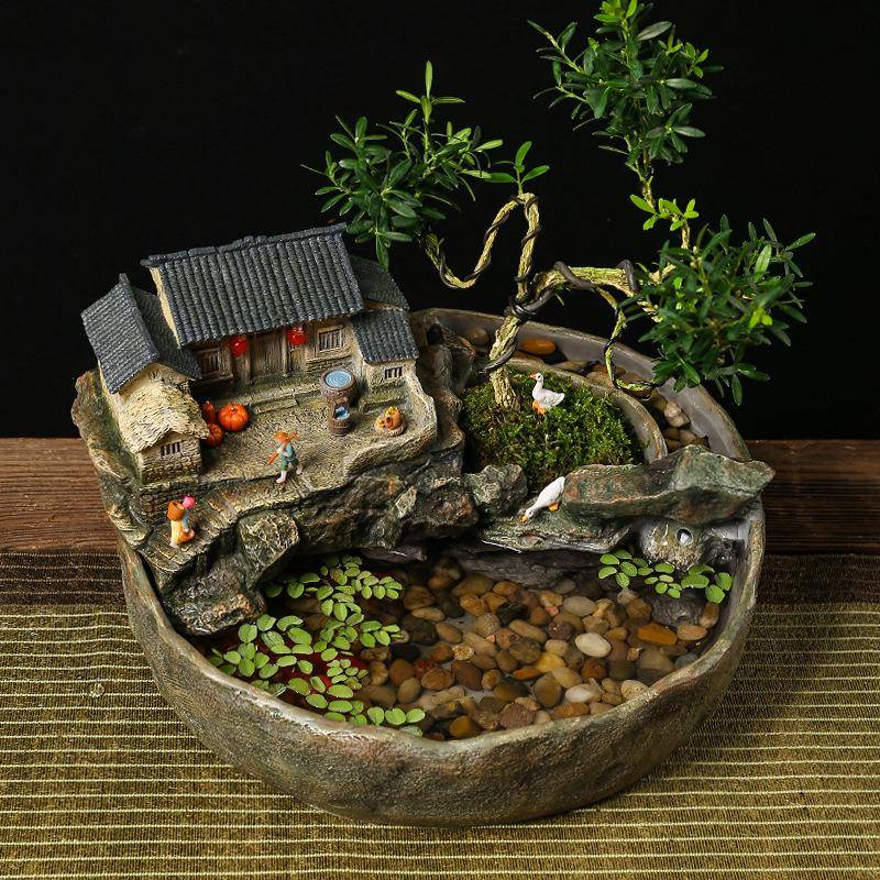 中式创鱼流水摆件循环水客缸办公室装饰品厅意桌面微景观F968MHS5