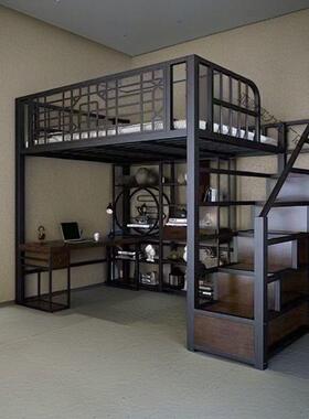 铁空高艺架床子小户型中式省间复式二楼阁床单上层上QIV床下桌铁