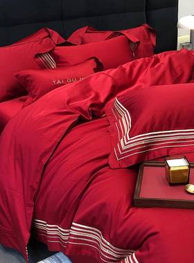 高档纯棉婚庆四简件套红色100约S长绒棉TGH9999嫁被套全棉婚结婚
