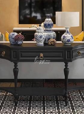 法式中古实木半圆弧玄桌关小户客厅沙发式背型几黑色美玄UYG关装