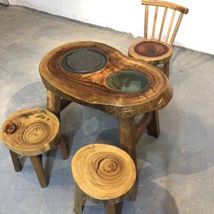 木家具实茶台木樟木DTZ石磨香茶原桌异形创意简约小户型阳台玻璃