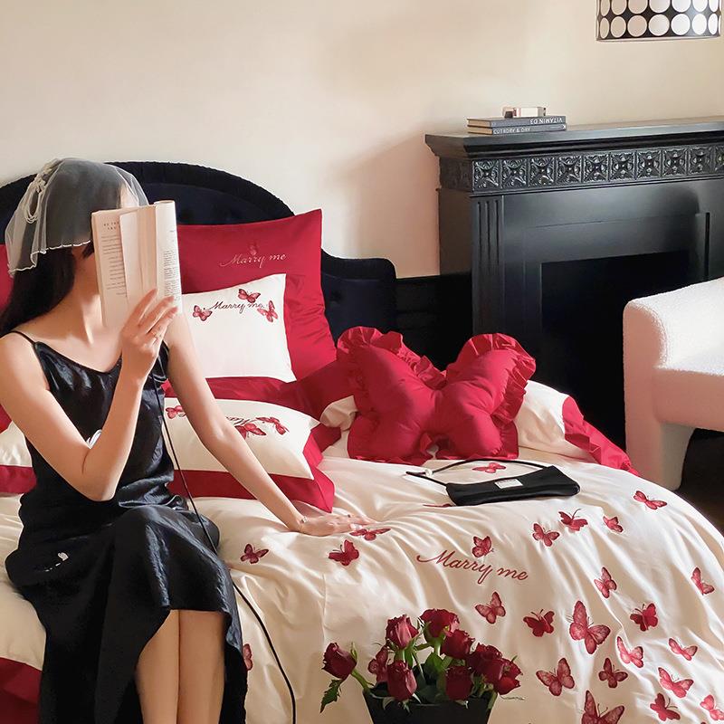 全婚THM棉陪庆四件套100S绒棉红色刺绣被套结婚纯棉长床单床上用