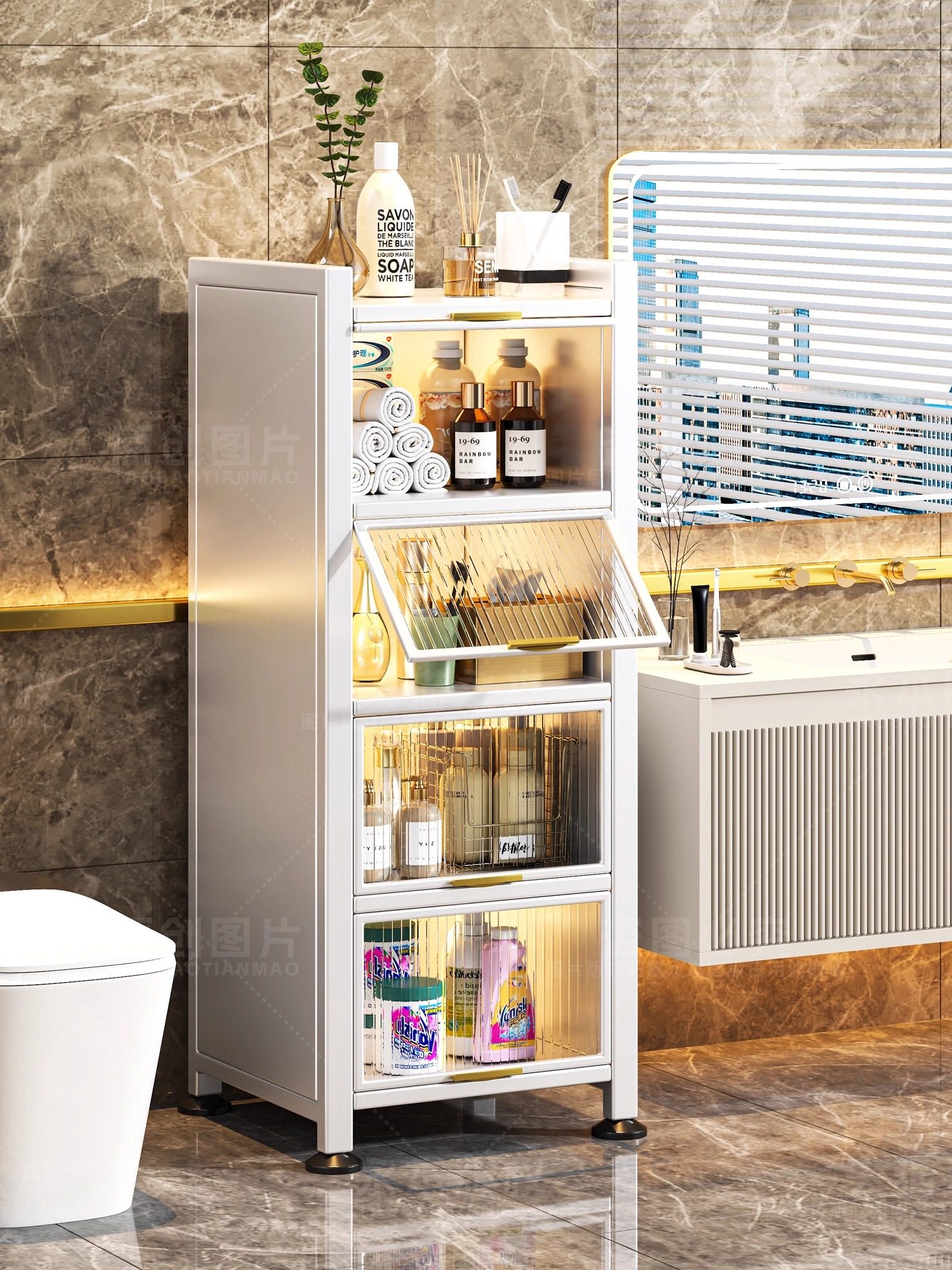 浴室储物架浴室夹层多层落地式储物柜多功能卫生间防水窄边储物柜,收纳整理,收纳柜,淘宝优惠券,粉丝福利购,淘宝优惠卷