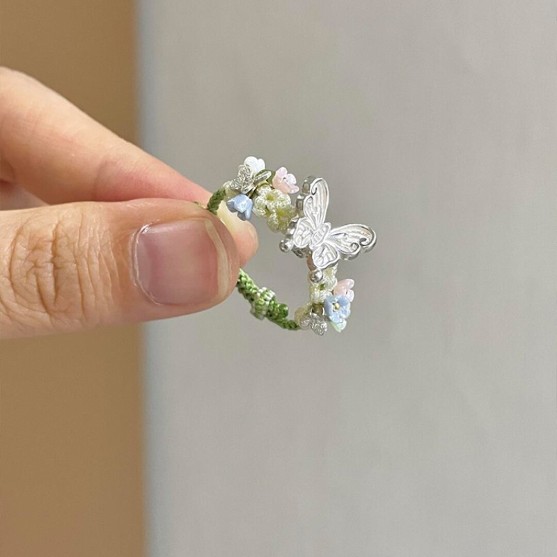「雨中碧蝶」蝴蝶花朵戒指精致古风编织绿绳新中式食指戒女
