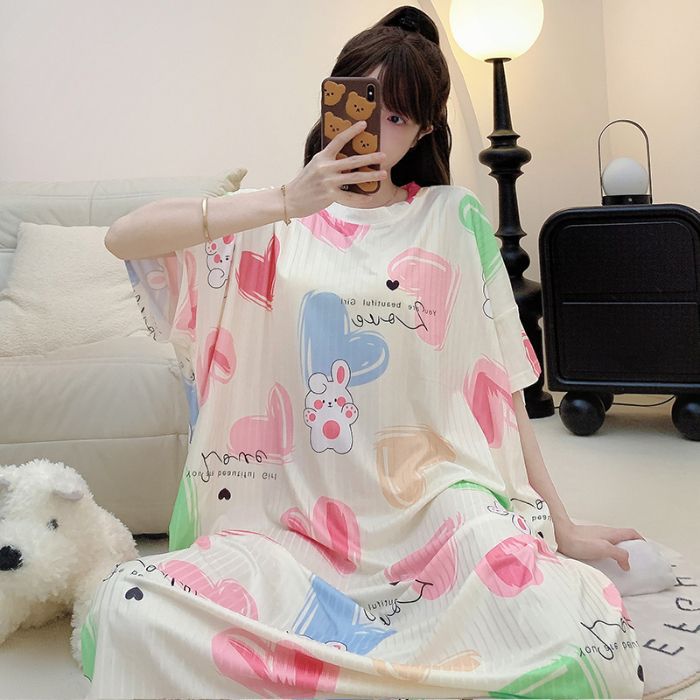 夏季宽松睡裙女短袖圆领套头休闲