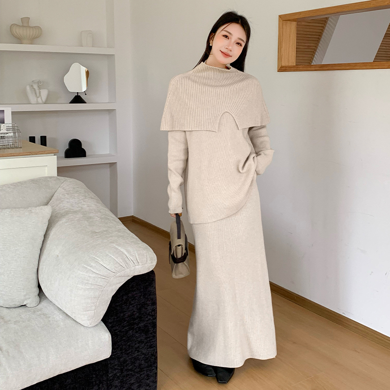 慵懒风斗篷披肩针织衫半身裙套装