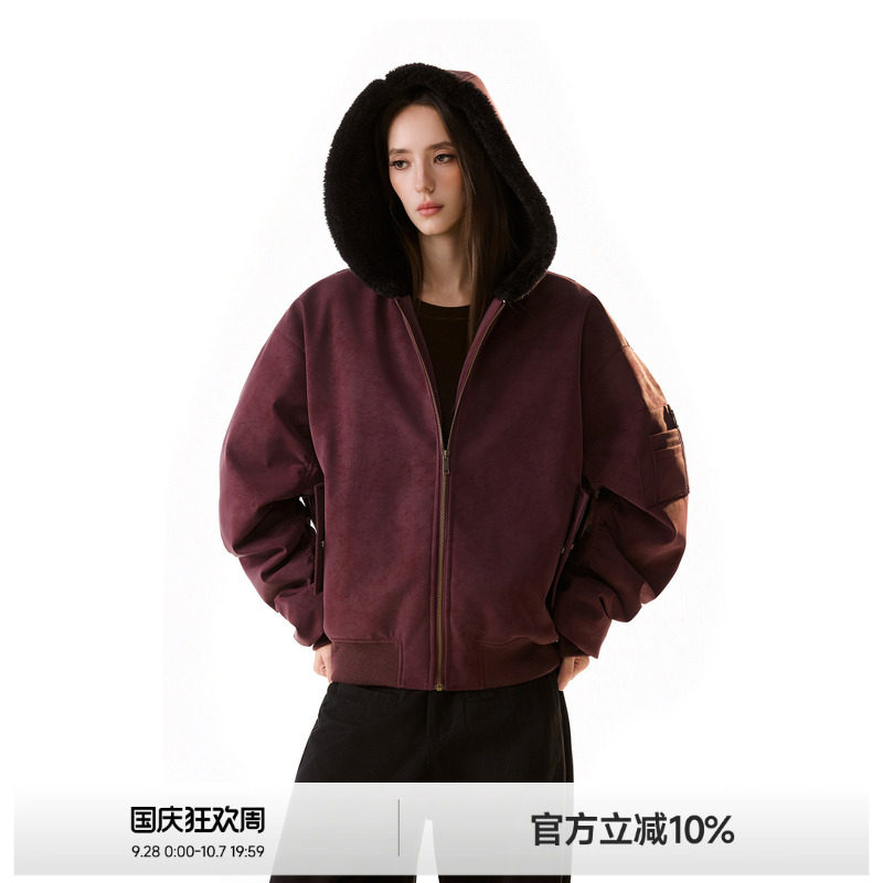 美式PU皮拼接撞色夹棉外套图片
