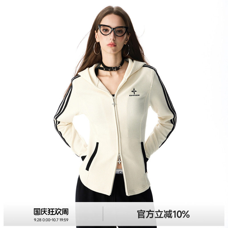 美式三条杠华夫格连帽外套女图片