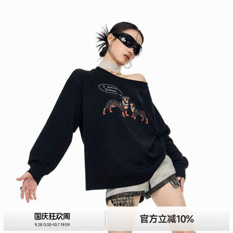 ICH MODE腊肠狗斜肩设计感复古长袖女露肩甜酷显瘦秋新品T恤上衣图片