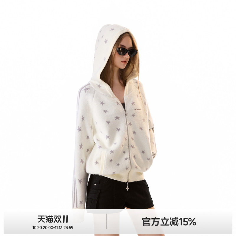 ICH MODE三条杠满印星星针织衫女秋季新款拉链毛衣开衫慵懒外套