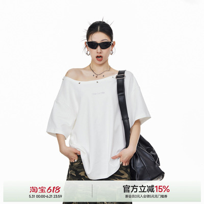ICH MODE甜酷美式慵懒风T恤斜肩上衣夏高级感独特露肩复古短袖女