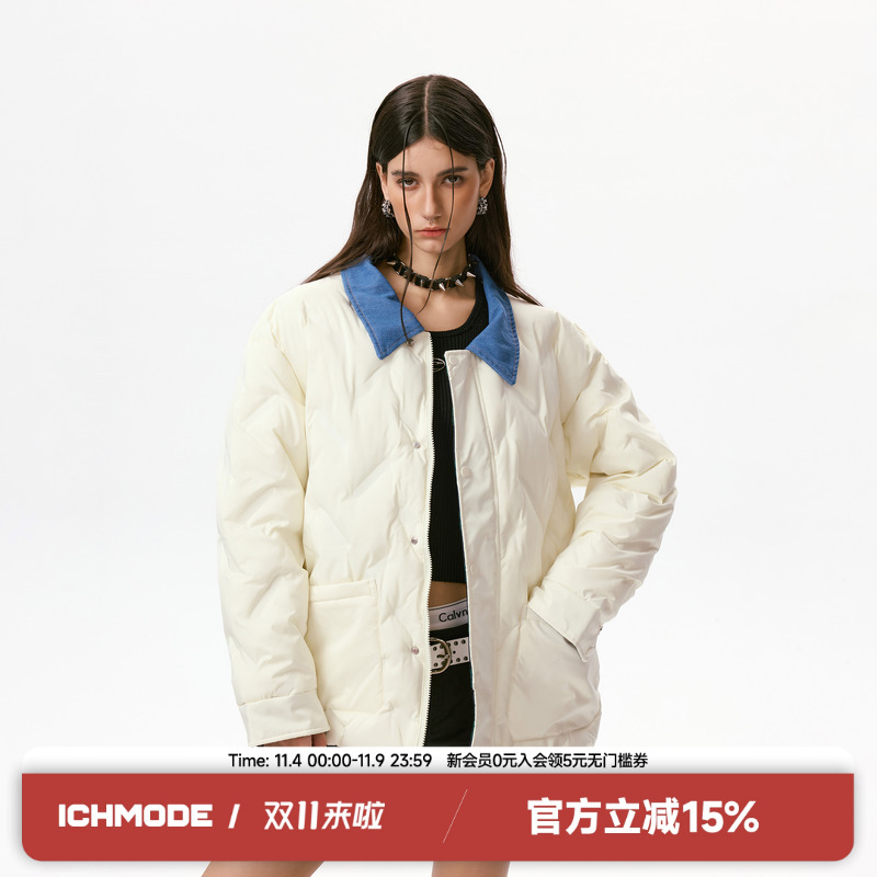 ICH MODE撞色翻领设计感菱形格外套女2025冬季百搭棉服棉衣上衣