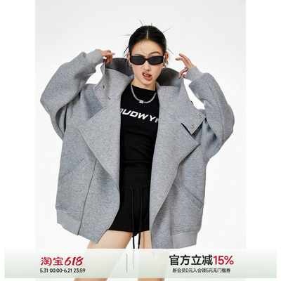 ICH MODE高冷灰解构开衫斜拉链小众复古卫衣宽松美式复古连帽外套