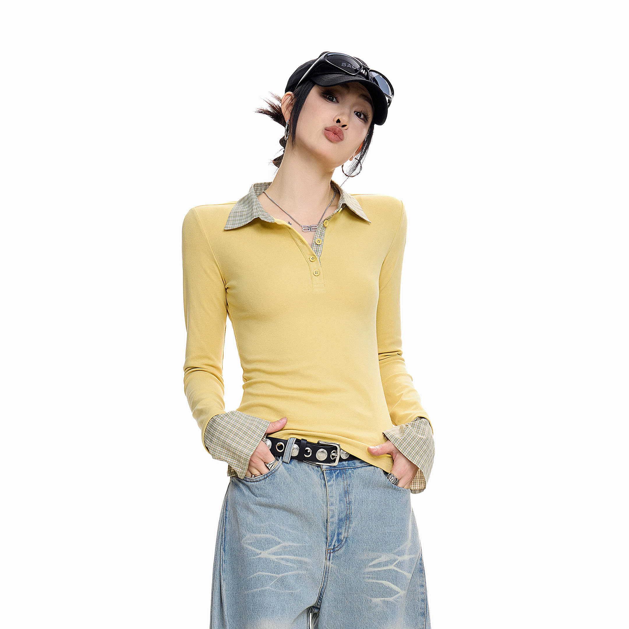 ICH MODE拼接polo领格子设计感T恤上衣女修身甜酷潮流秋长袖打底