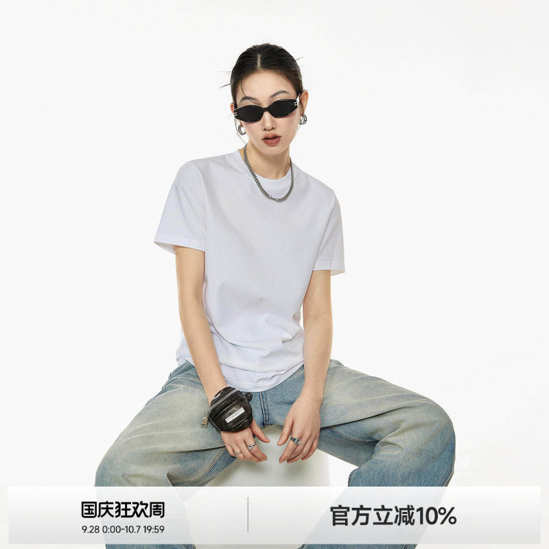ICH MODE纯色百搭美式复古cleanfit短袖上衣夏季新款显瘦修身T恤图片