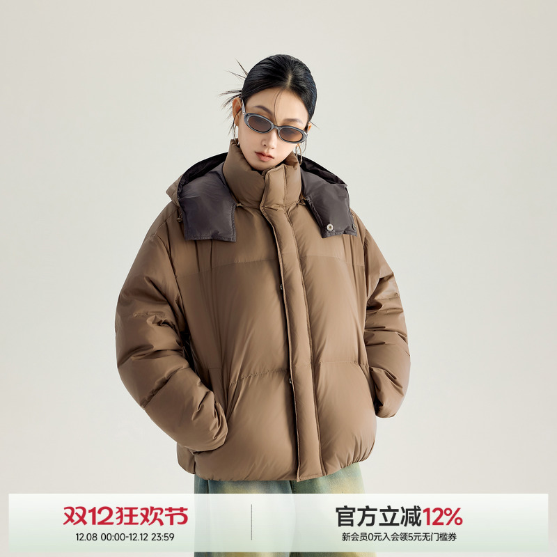 ICH MODE鹅绒冬季新款保暖连帽外套复古美式廓形休闲设计感羽绒服