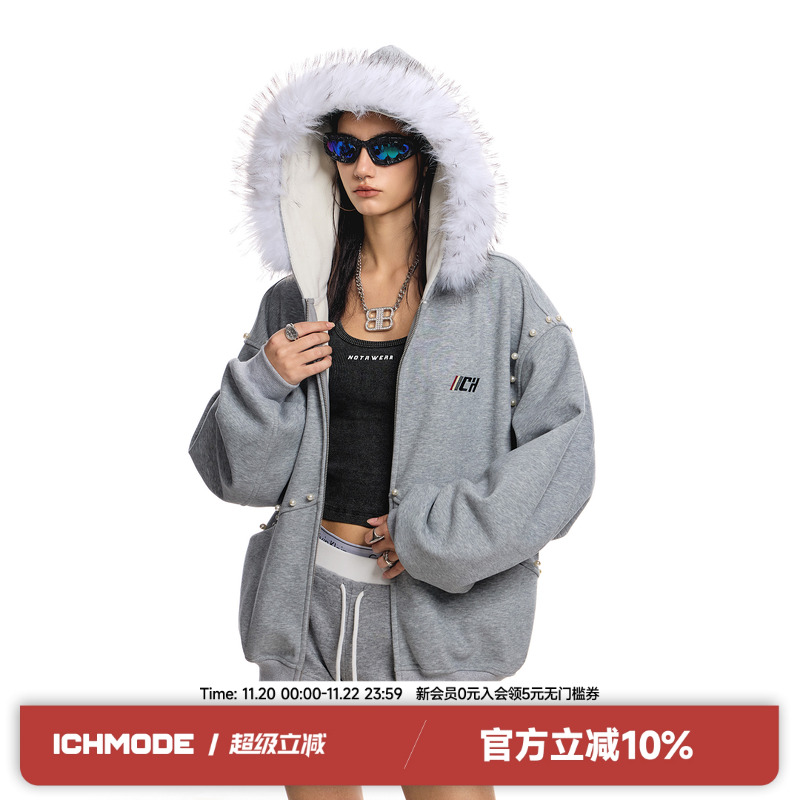 ICH MODE廓形毛领秋冬新款外套女美式复古宽松休闲设计感卫衣开衫