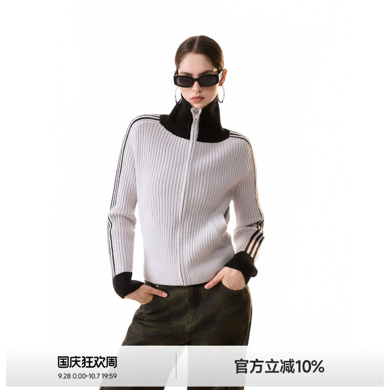 三条杠撞色高领毛针织衫女图片