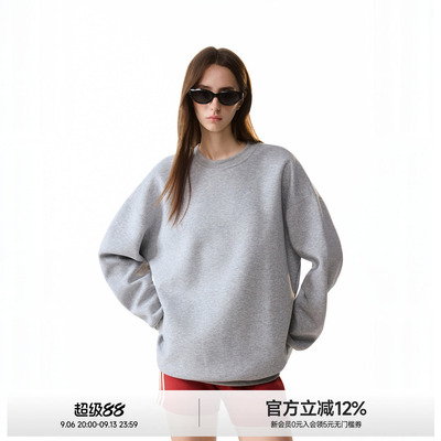 ICH MODE纯色圆领慵懒风质感百搭卫衣美式复古秋季宽松休闲上衣女