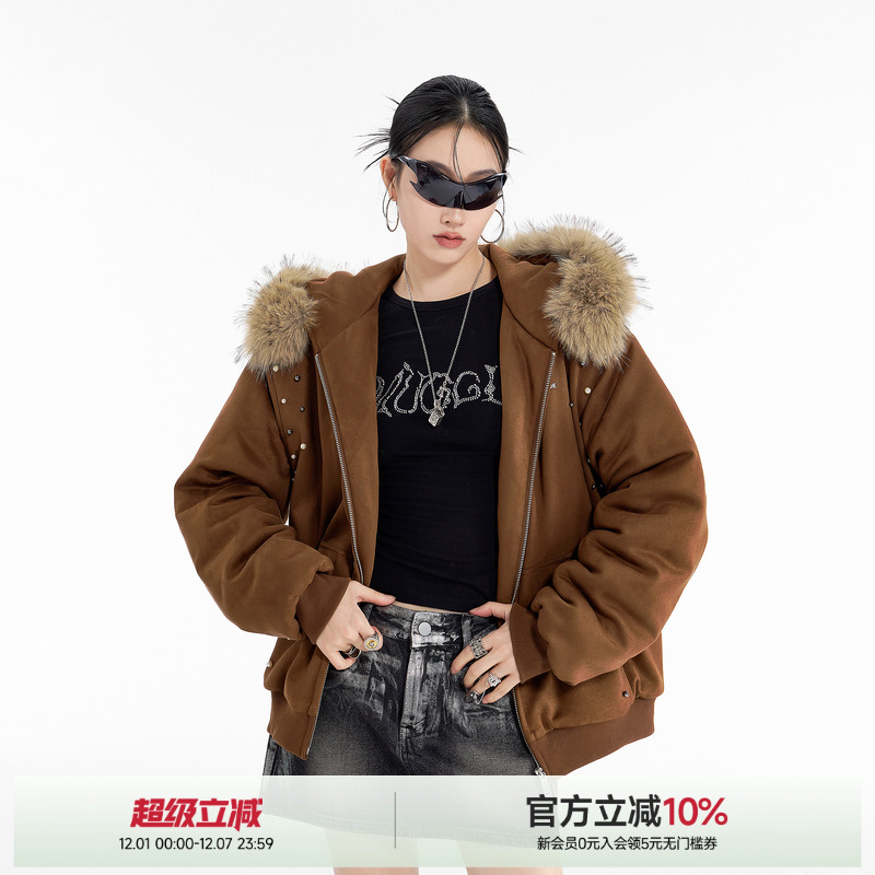 ICH MODE毛领麂皮绒钉珠高街棉服冬季美式复古甜酷设计感棉衣外套