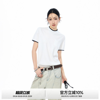 撞色领针织短袖T恤女夏季