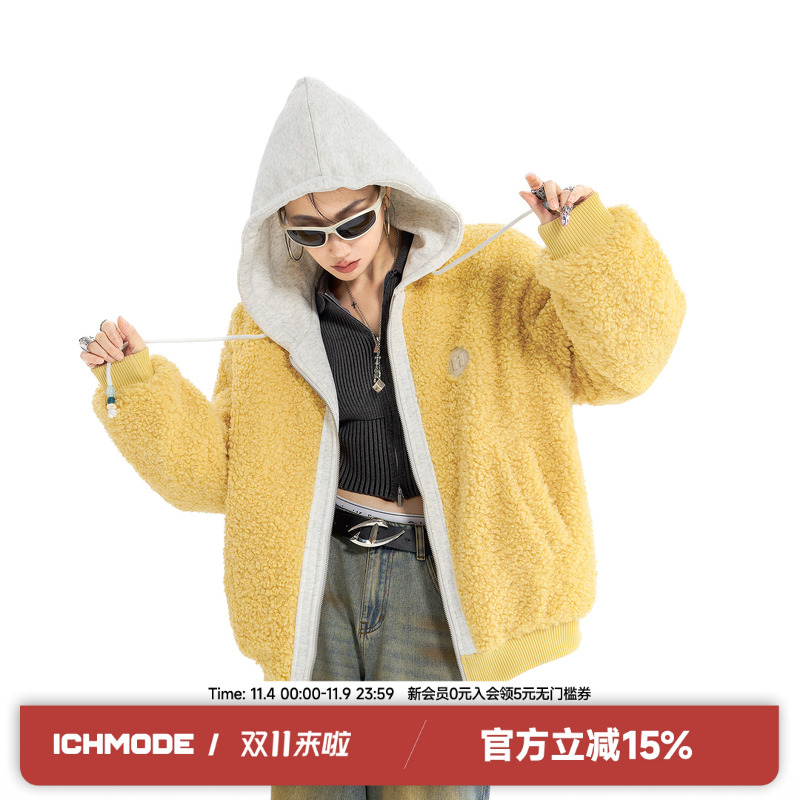 ICH MODE羊羔绒假两件拼接棉服女美式复古设计感连帽冬季棉衣外套